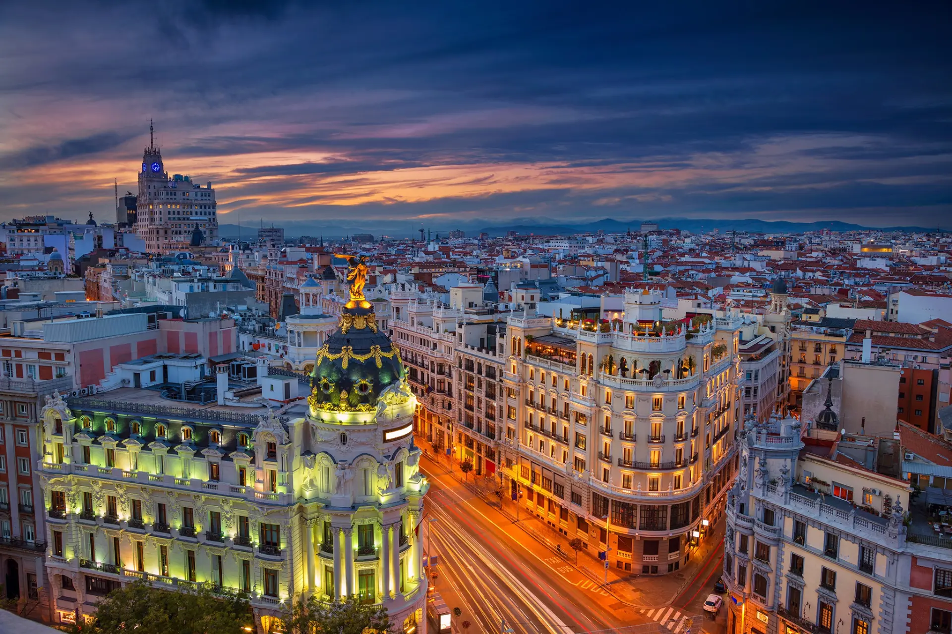 Madrid skyline at sunset over Gran Vía
